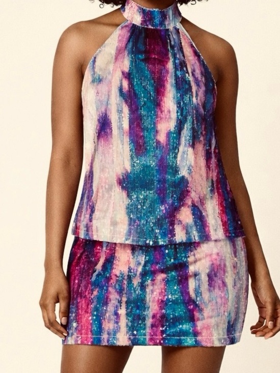 NWT Cable & Gauge SZ S Purple Blue Pink Abstract Halter Sequined Skirt Set - Picture 8 of 8